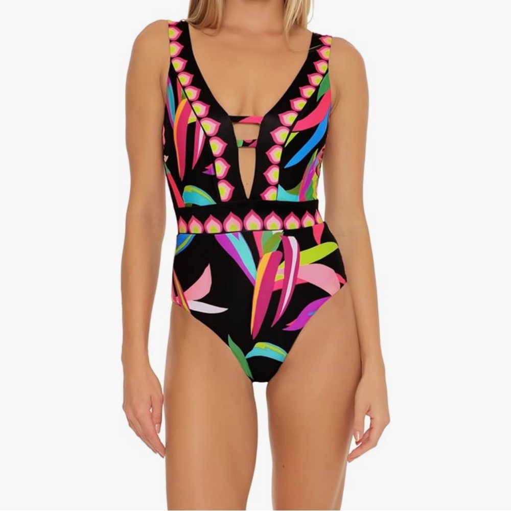 EUC Trina Turk Birds of Paradise Deep Plunge reversible one piece swimsuit